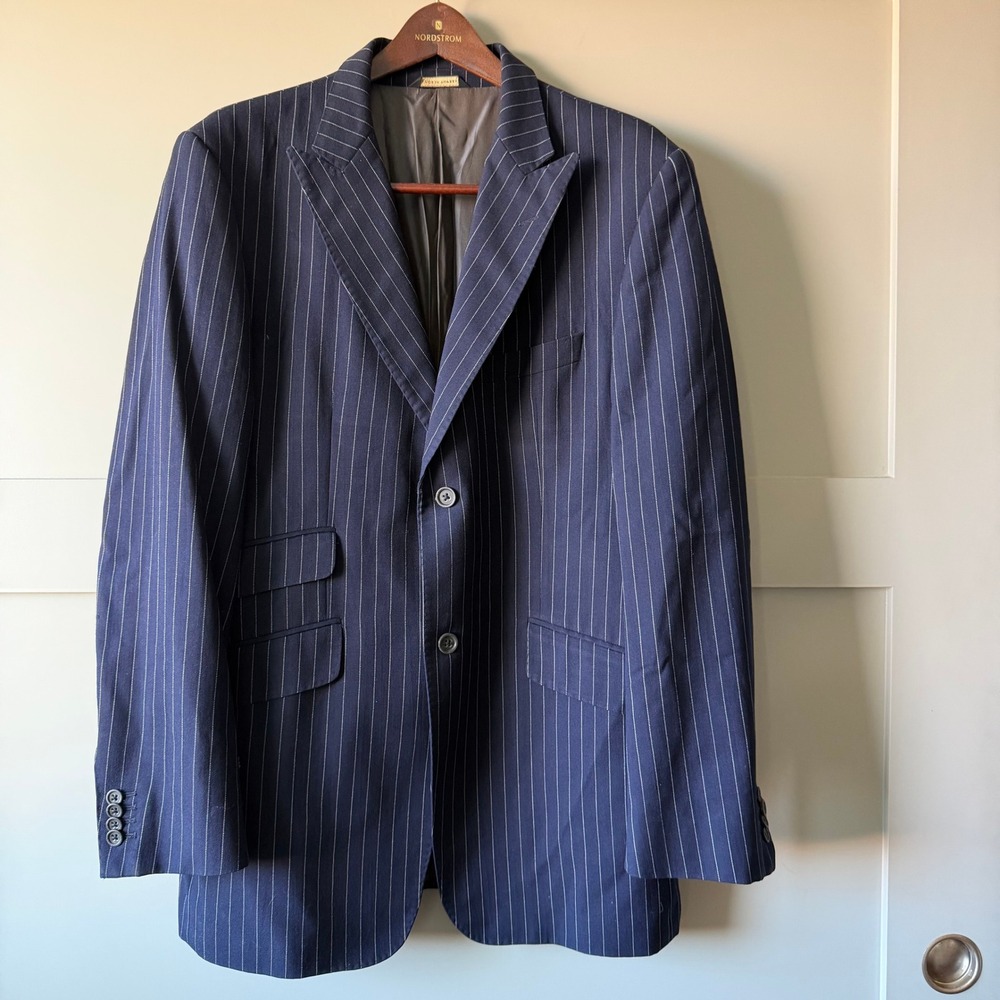 Banana Republic Blazer Mens 44R Navy Blue Pinstripe Wool Button Sport Coat FLAW